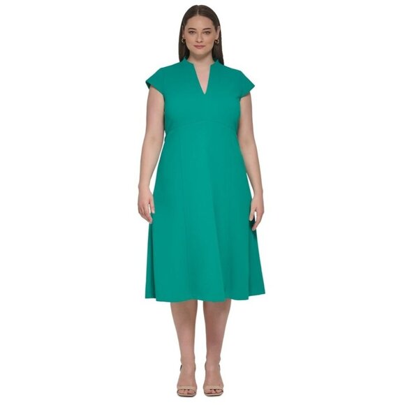 139$ Calvin Klein V Neck Short-Sleeve A-Line Midi Dress Plus Size 20W Green - Picture 1 of 1